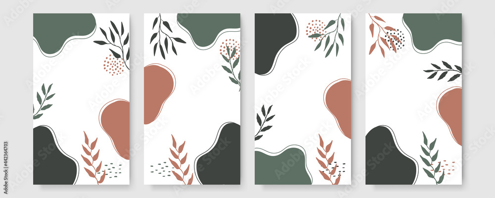 Social media stories boho art creative Vector set. Background template with copy space for text and images design by abstract colored shapes, line arts , Tropical leaves warm color of the earth tone