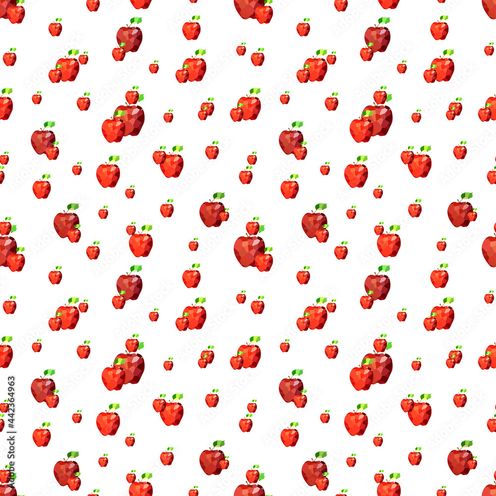 Stylish seamless pattern with random red low-poly apples.Summer digital polygonal fruit ornament on white background Stylish seamless pattern with random red low-poly apples.Summer digital polygonal fruit ornament on white background