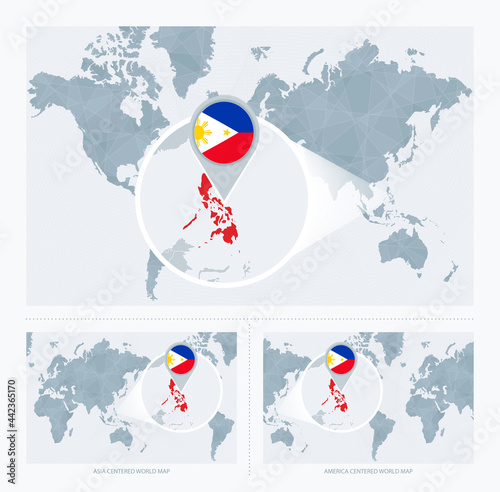 Magnified Philippines over Map of the World, 3 versions of the World Map with flag and map of Philippines.