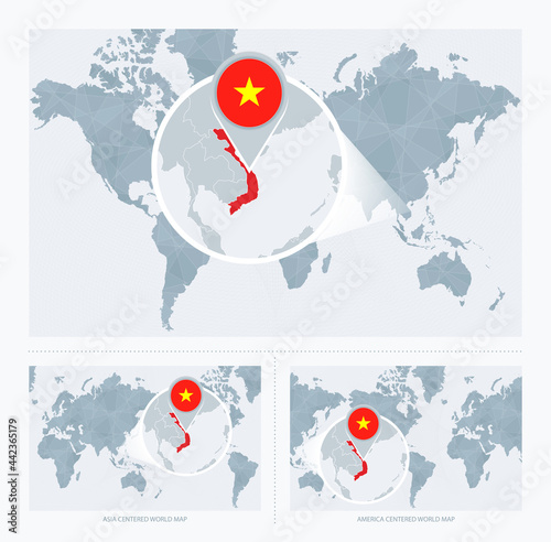 Magnified Vietnam over Map of the World, 3 versions of the World Map with flag and map of Vietnam.