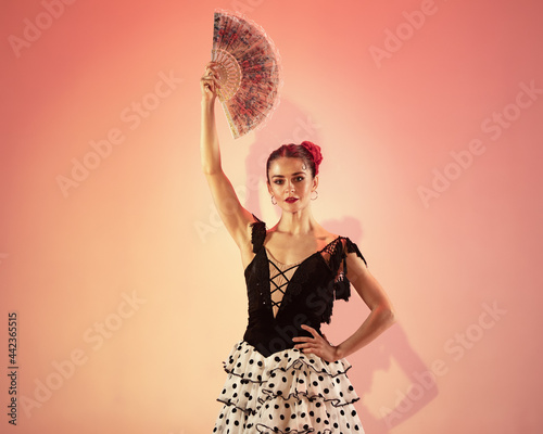 Flamenco dancer Spain woman gypsy with red rose and spanish hand fan