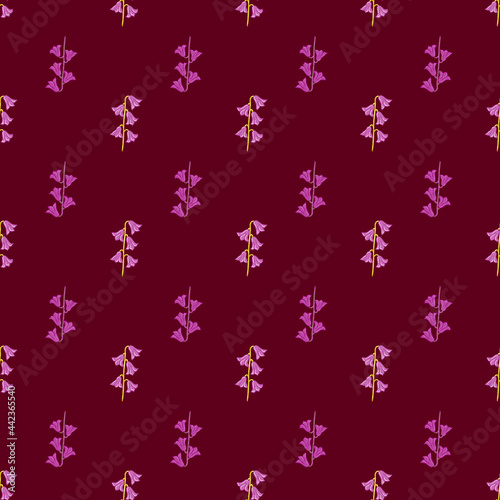 Pink colored seamless doodle pattern with pink simple style bell flowers shapes. Maroon dark background.
