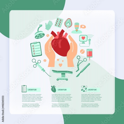 Cardiac surgery design concept wit human hands holding heart and operation icons vector illustration