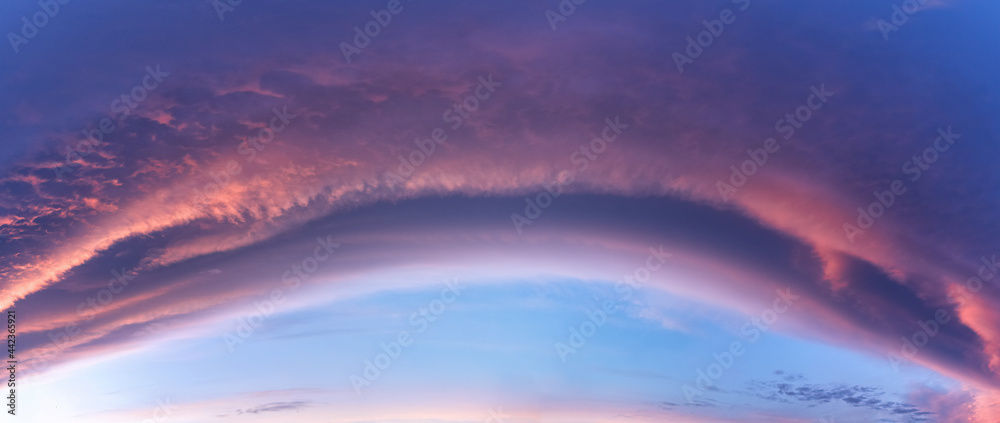 Panoramic real photo of beautiful soft rose purple clouds highlighted by sunset - bright arched horizon line, background picture