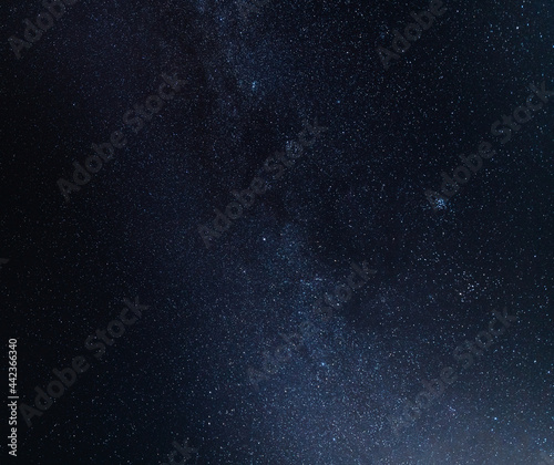 Long exposure photo of black starry night sky with part of Milky Way, background picture with real stars.