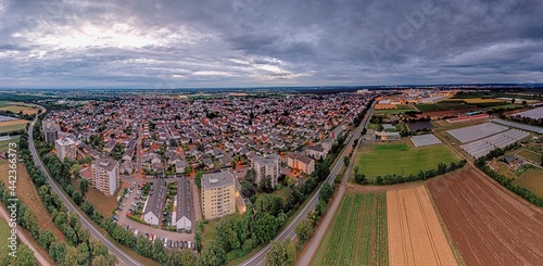 Drone panorama over German municipality Weiterstadt in southern Hesse during sunset © Aquarius