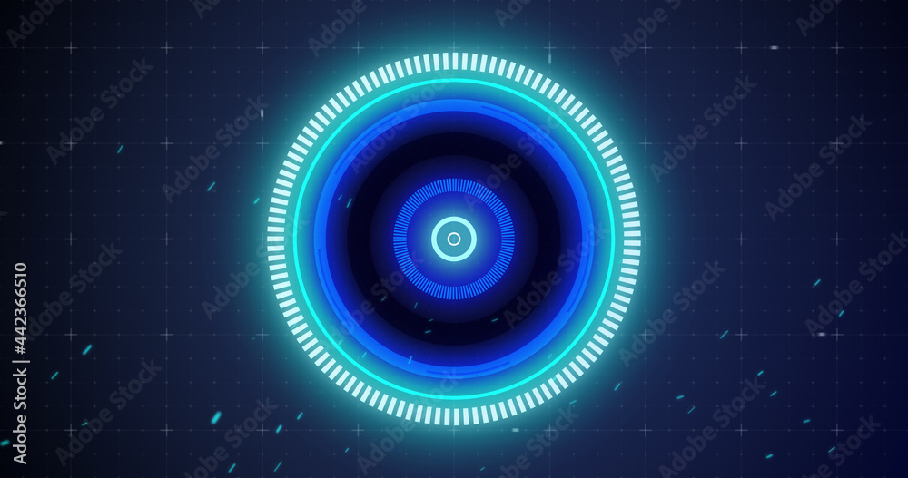 Image of glowing blue scope scanning and spinning with glitch on grid background Image of glowing blue scope scanning and spinning with glitch on grid background