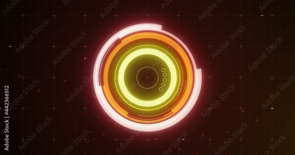 Image of glowing orange and green scope scanning and spinning with glitch on grid background Image of glowing orange and green scope scanning and spinning with glitch on grid background