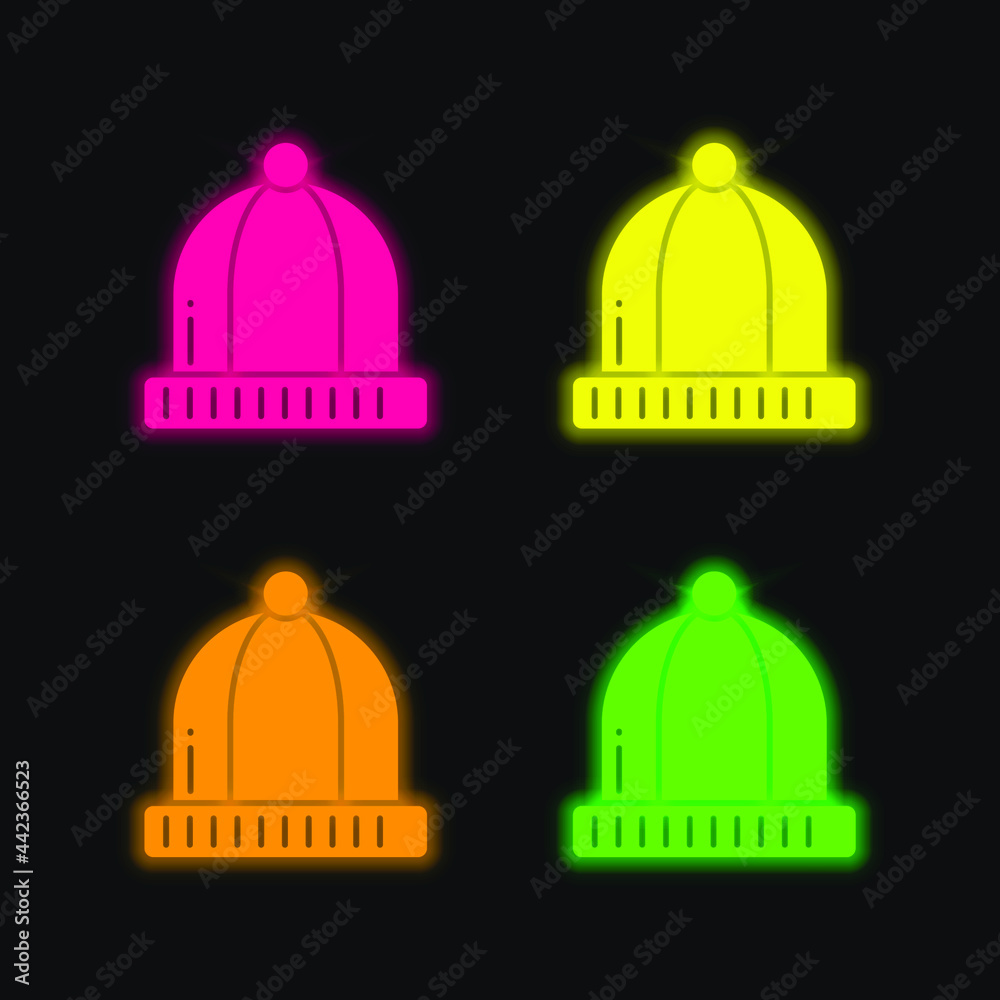 Beanie four color glowing neon vector icon