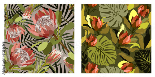Vector set of two seamless patterns with protea and tropical leaves.