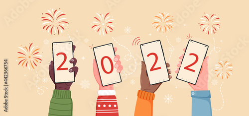 Happy new year 2022. Hands holding phone with numbers on the screen. New year concept flat style. Different people hold phone.