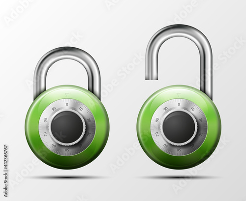 realistic open & close padlock. Steel Mechanical Combination lock. Privacy illustration Enter the PIN code. Electronic lock icon. Reliable Protection badge. Code combination open & close symbol