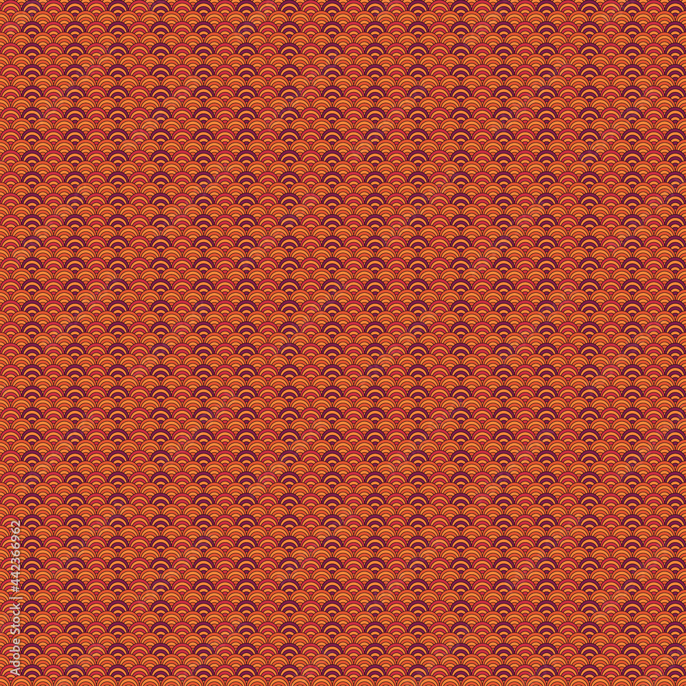 Seamless scales pattern. Japan traditional ornament. Ethnic embroidery. Repeated scallops. Fish scale. Repeat scallop shapes background. Vector tiles. Japanese sashiko uroko motif. Squama wallpaper.