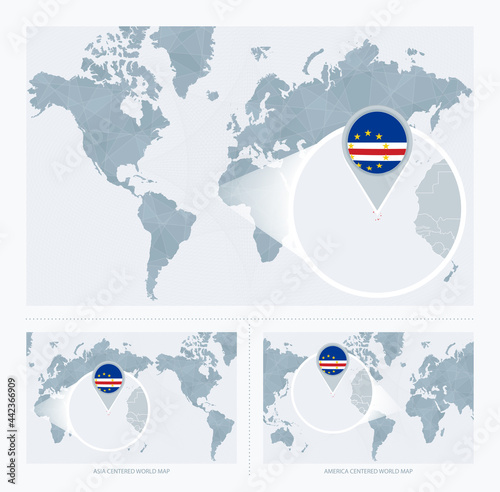 Magnified Cape Verde over Map of the World, 3 versions of the World Map with flag and map of Cape Verde.