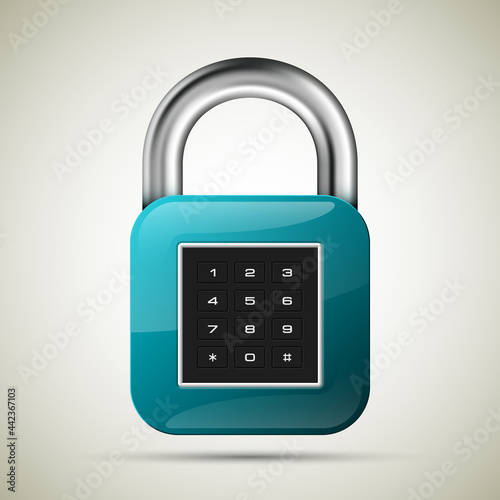 realistic closed padlock. Steel Mechanical Combination lock. Privacy padlock illustration. Enter the PIN code. Electronic lock icon. Reliable Protection close padlock badge. Code combination symbol