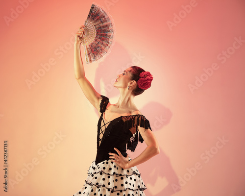 Flamenco dancer Spain woman gypsy with red rose and spanish hand fan