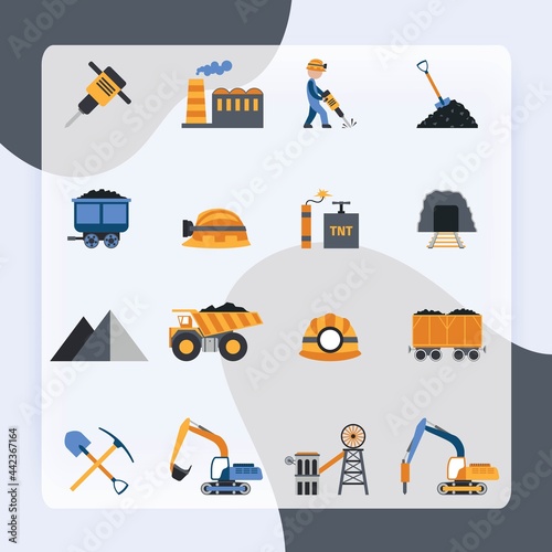 Coal industry metallurgy mine equipment and machinery icons set isolated vector illustration