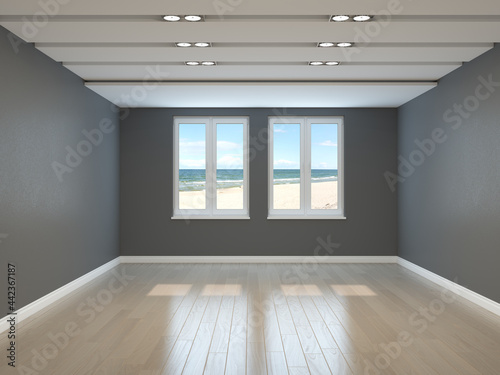 Empty Interior with a Sea View  Grey Walls  Two windows  Light Parquet and White Plinth with Work Path on Windows. 3D rendering  7680x5760 