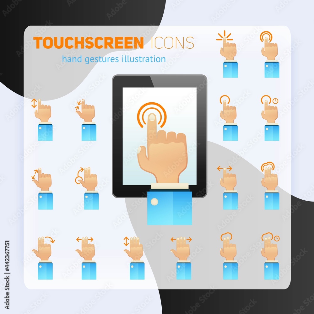 Mobile tablet touch screen hand gestures user friendly symbols flat icons collection abstract isolated vector illustration