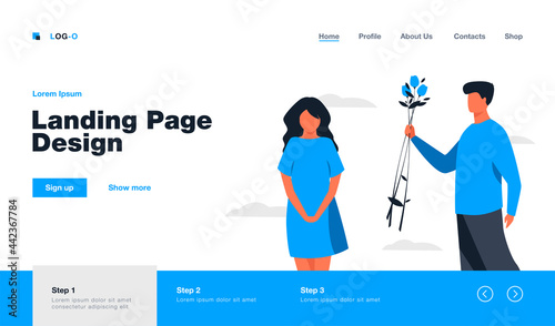 Couple dating outdoors. Guy giving flowers to girlfriend. Flat vector illustration. Love, romance, relationship, flirt concept for banner, website design or landing web page