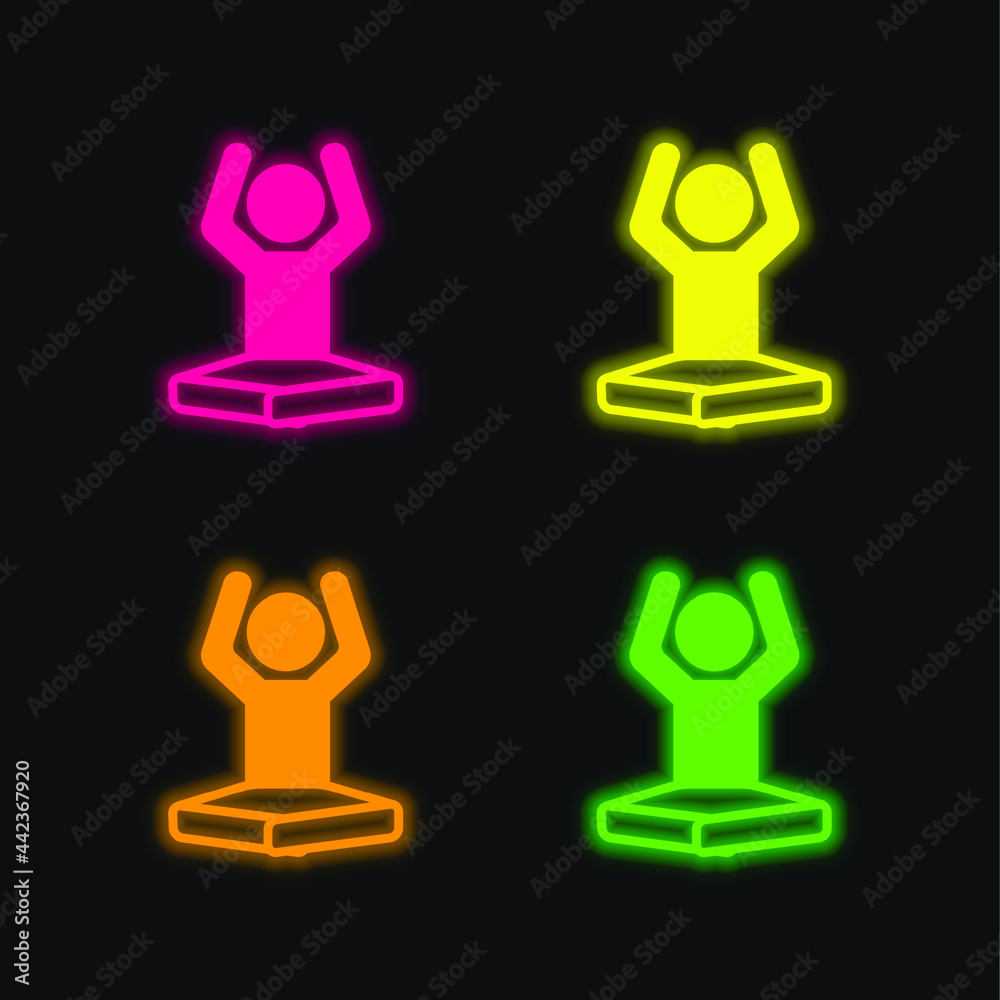 Boy On Lotus Position Flexing Arms four color glowing neon vector icon Boy On Lotus Position Flexing Arms four color glowing neon vector icon