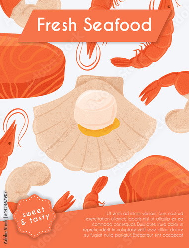 Fresh tasty seafood scallop, tuna steak and shrimp vector hand drawn banner concept with space for text.