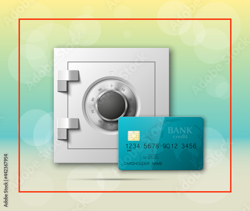 Credit card & Electronic lock picture. Bank door card & image combination lock front side banner. Plastic card & steel safe. Debit card & electromagnetic locking devices chip. Online payment banner