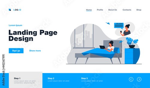 Woman chatting with female friend online at home. Lying in bed, using laptop, day flat vector illustration. Communication, distance work concept for banner, website design or landing web page