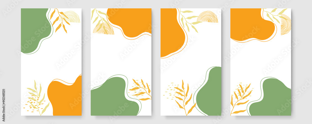 Social media stories boho art creative Vector set. Background template with copy space for text and images design by abstract colored shapes, line arts , Tropical leaves warm color of the earth tone