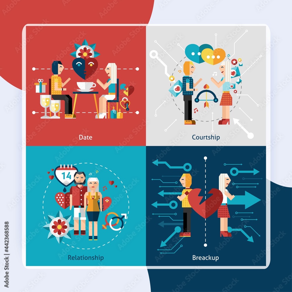 Dating flat icon set with courtship relationship breakup isolated vector illustration