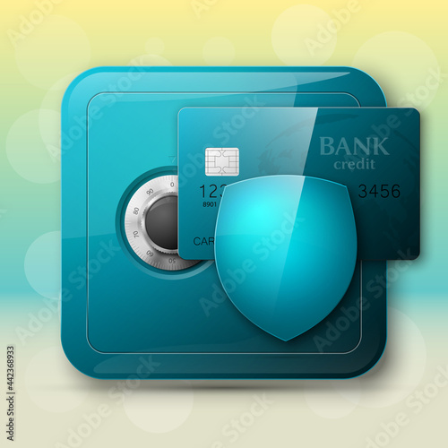 Guarded safe box, credit card, shield banner. Reliable Protection advertising poster shield, bank card, strongbox icon. Plastic card protect shield banking money icon.Debit card chip safe icon
