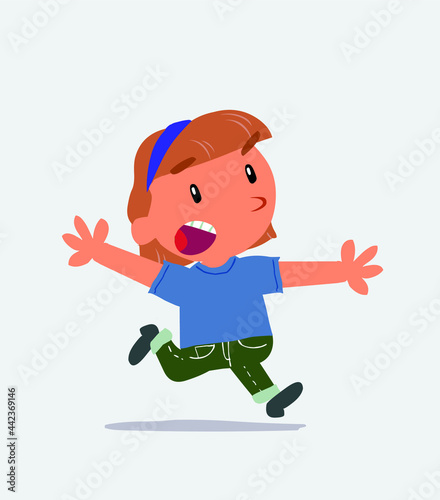 cartoon character of little girl on jeans runs away in terror