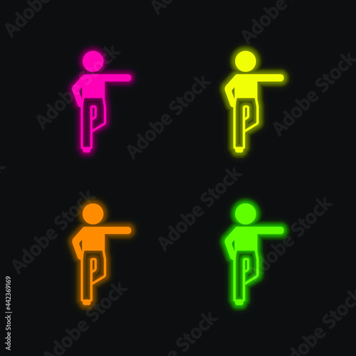 Boy Standing On Right Leg Stretching Left Arm four color glowing neon vector icon