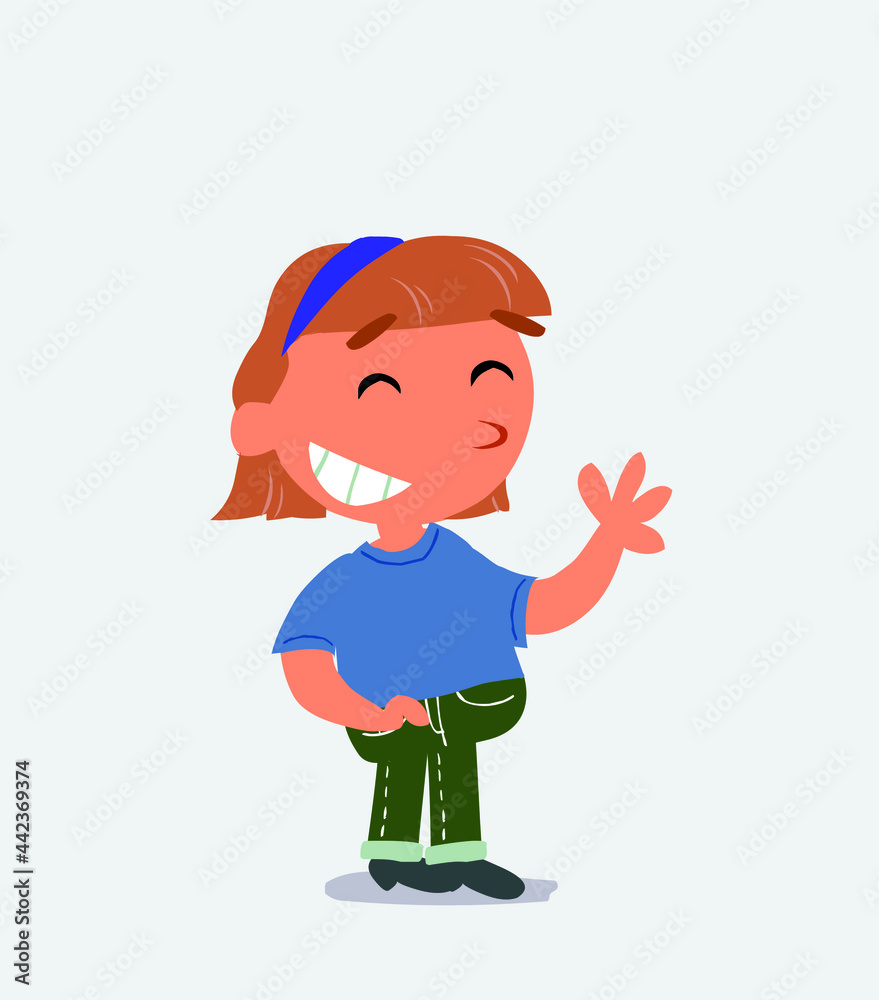  cartoon character of little girl on jeans waving informally while smiling