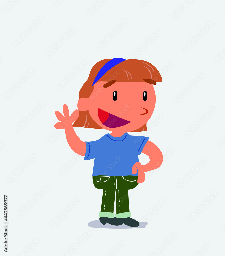  cartoon character of little girl on jeans waving while smiling.