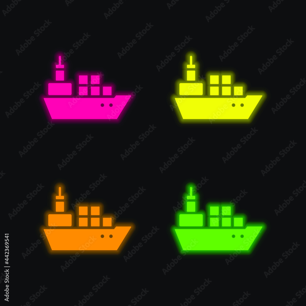 Naklejka premium Boat With Containers four color glowing neon vector icon