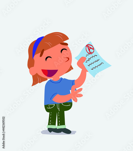 euphoric cartoon character of little girl on jeans raises his arms with exam in hand.
