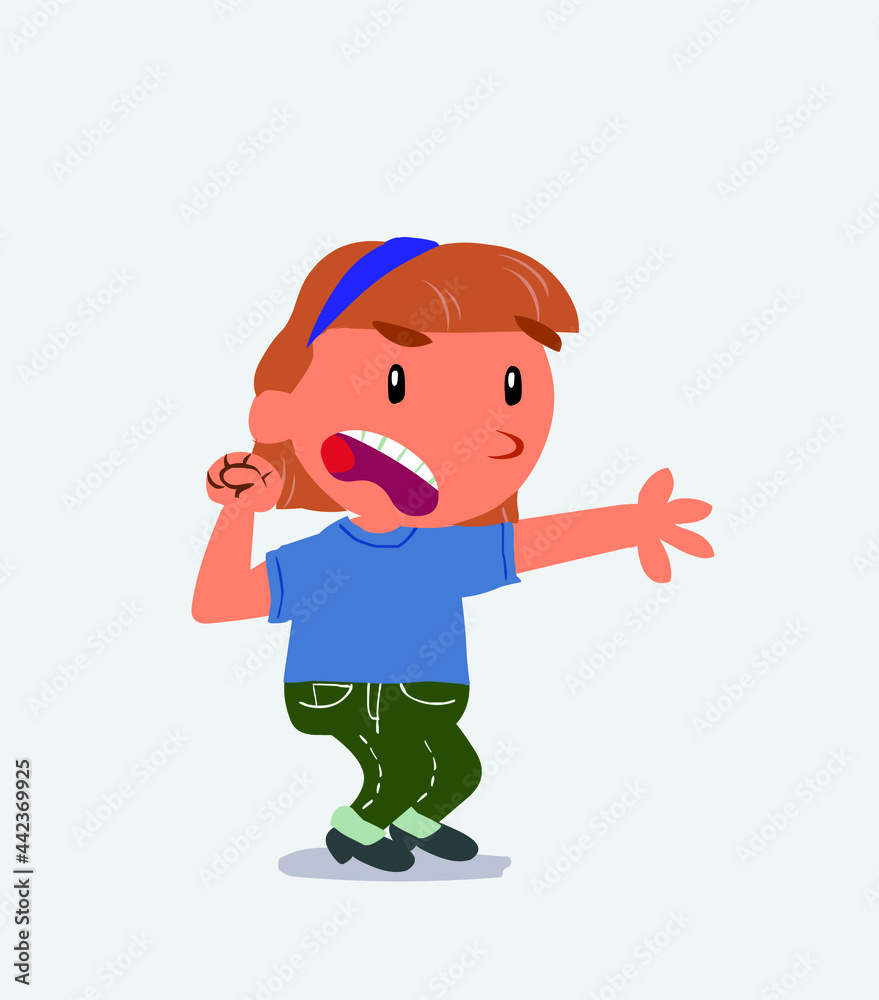 Surprised cartoon character of little girl on jeans pointing at something Surprised cartoon character of little girl on jeans pointing at something