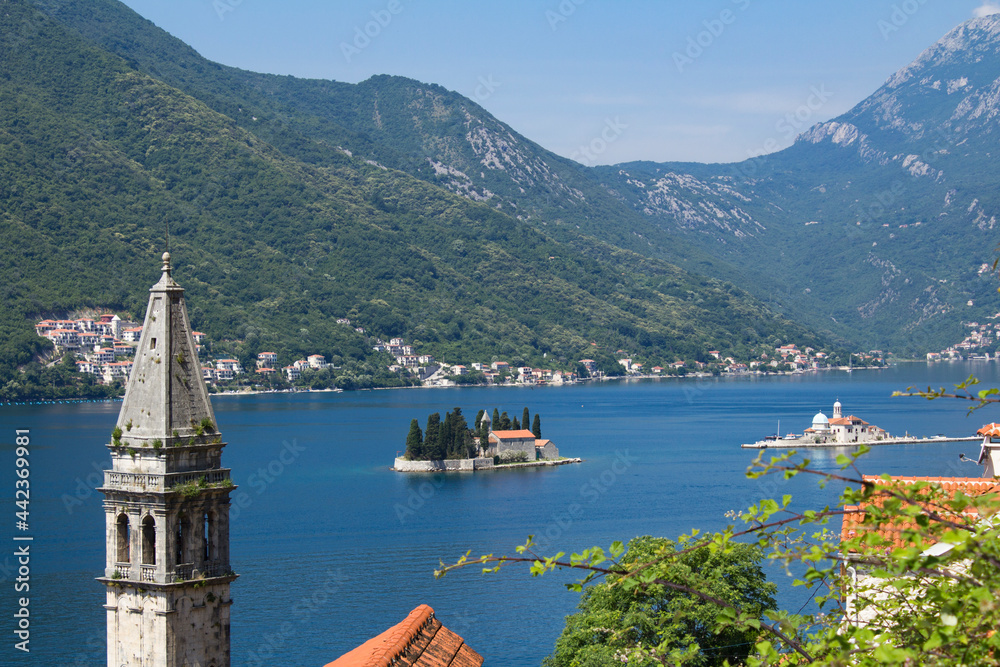 Panoramic view of the city, islands and bay on the sunny day. Perast. Montenegro.