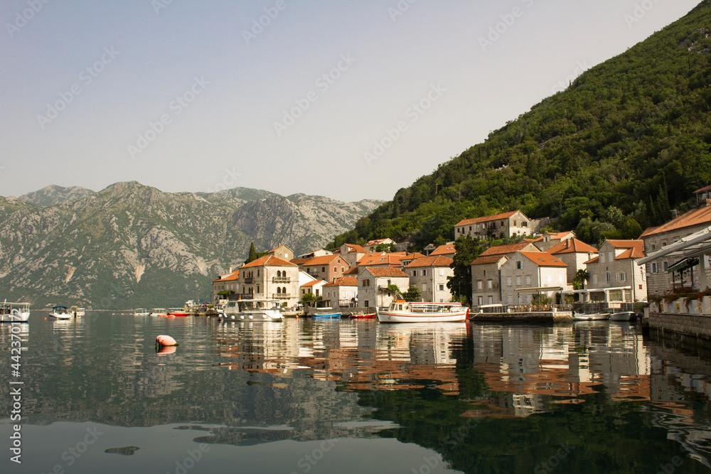 Panoramic view of the city and bay on the summer day. Perast. Montenegro.