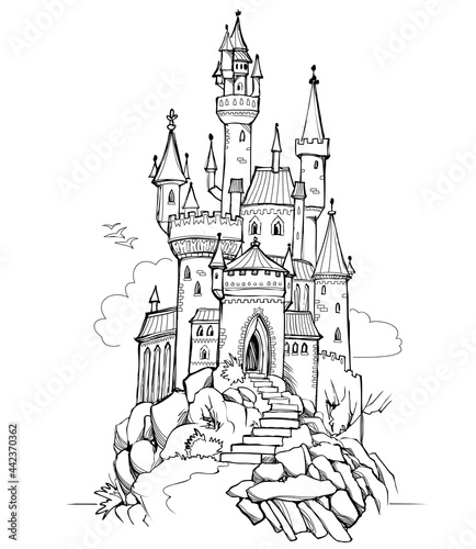 Fantasy illustration of medieval castle. Fairyland kingdom. Black and white page for coloring book. Worksheet for drawing and meditation for children and adults. Ancient architecture.