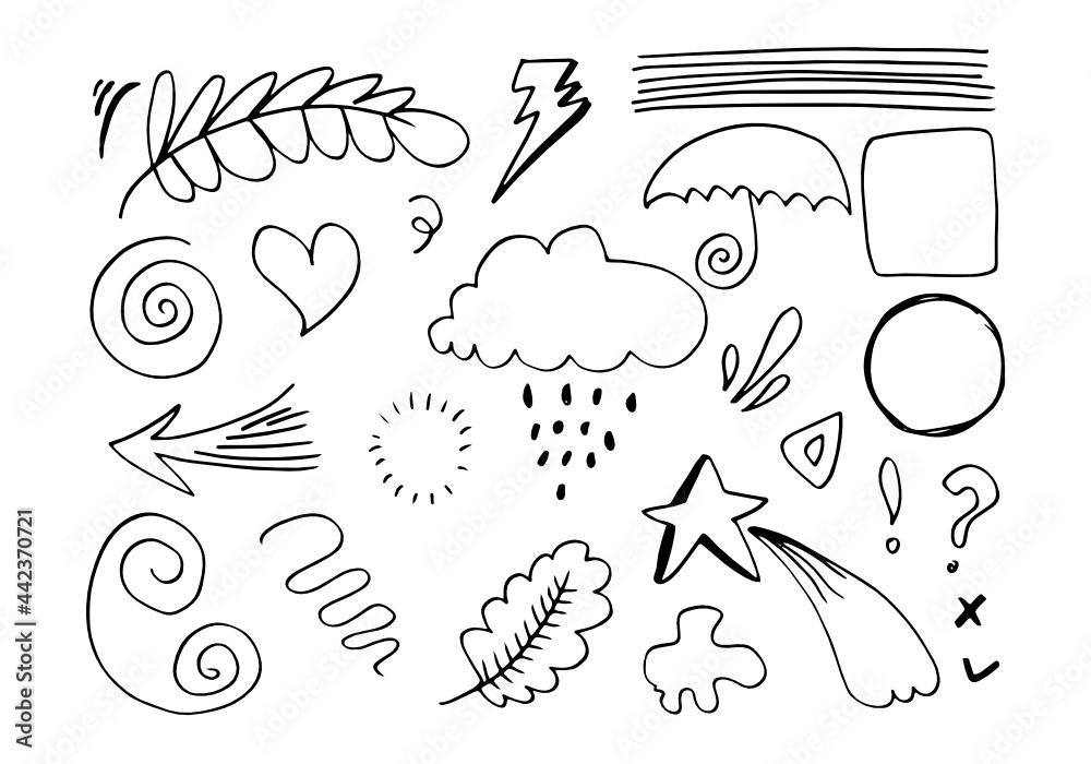 hand drawn set elements, black on white background. rainbow, flower, leaves, speech bubble, heart, light, king, emphasis, swirl, for concept design.