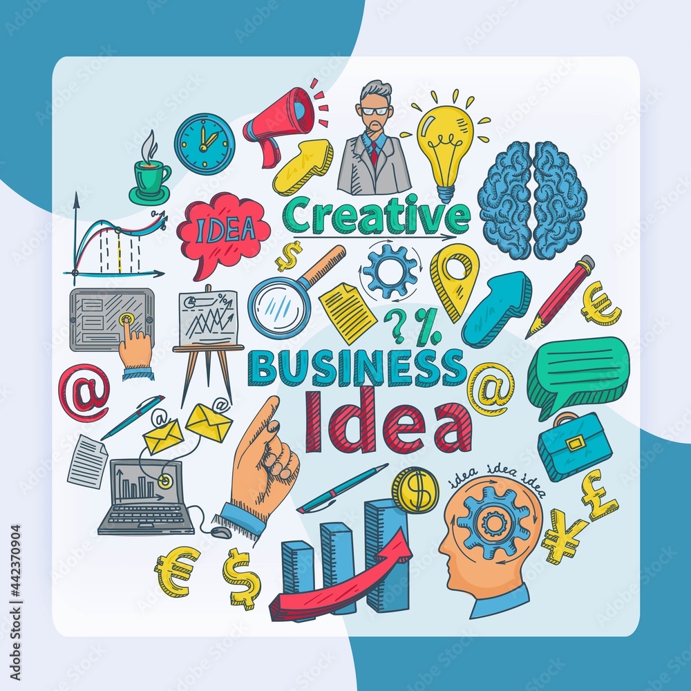 Creative concept with doodle business idea colored icons set vector illustration Creative concept with doodle business idea colored icons set vector illustration