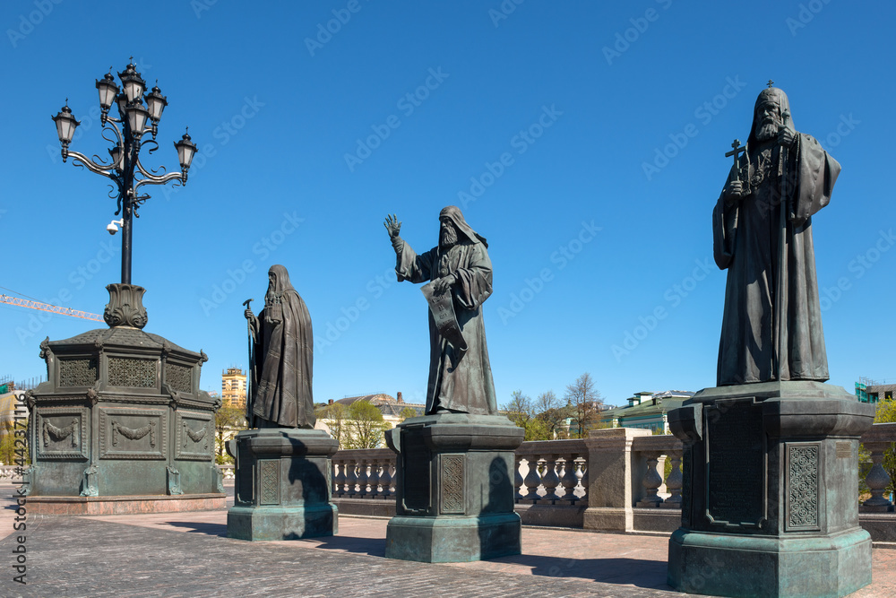  Monument to three Russian patriarchs on the terrace near the Church of the Resurrection of Christ in Moscow