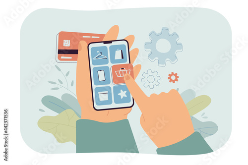 Hand of customer holding smartphone and making purchase in app. Man choosing product category in online shop or service and making payment flat vector illustration. Technology, ecommerce concept photo