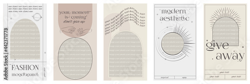Modern Aesthetic stories design template with mystic and astrology elements. Design backgrounds for social media with a place for a photo and motivation quotes. Editable vector illustration. 