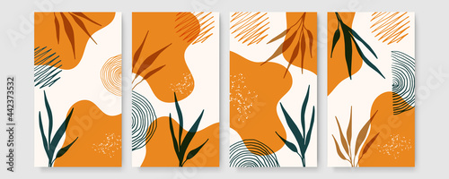 Social media stories and post creative Vector set. Background template with copy space for text and images design by abstract colored shapes, line arts , Tropical leaves warm color of the earth tone