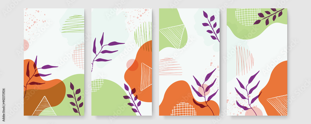 Vector design templates in simple modern style with copy space for text, flowers and leaves - wedding invitation backgrounds and frames, social media stories wallpapers
