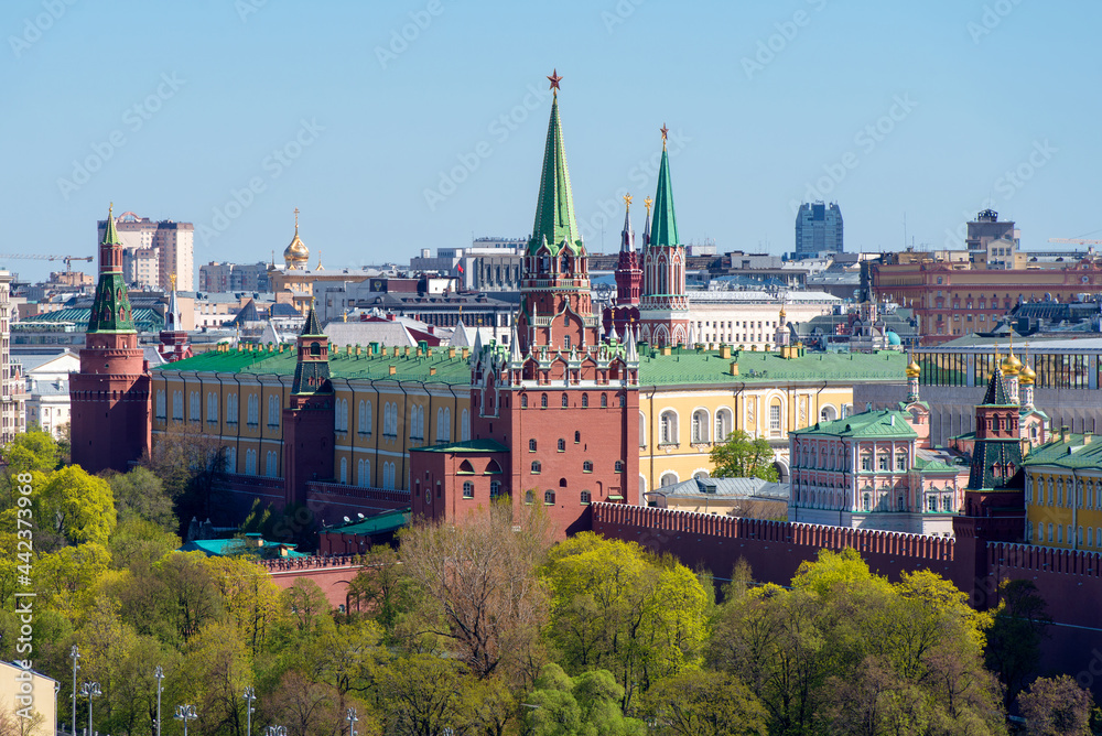 Aerial view of the Moscow Kremlin and the Grand Kremlin Palace on a spring day