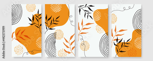 Vector design templates in simple modern style with copy space for text, flowers and leaves - wedding invitation backgrounds and frames, social media stories wallpapers
